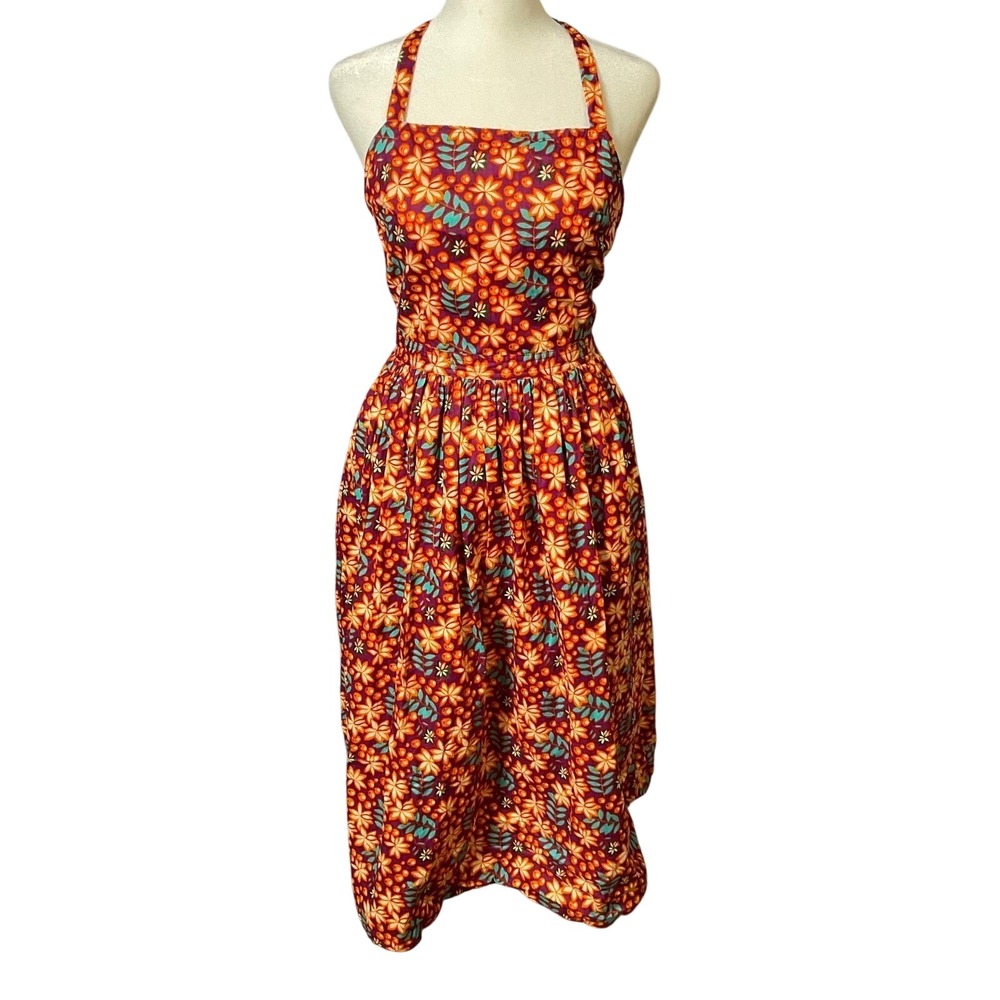 Floral Tropical Halter Midi Dress Open Back Button Front Orange Purple Summer - Picture 1 of 8
